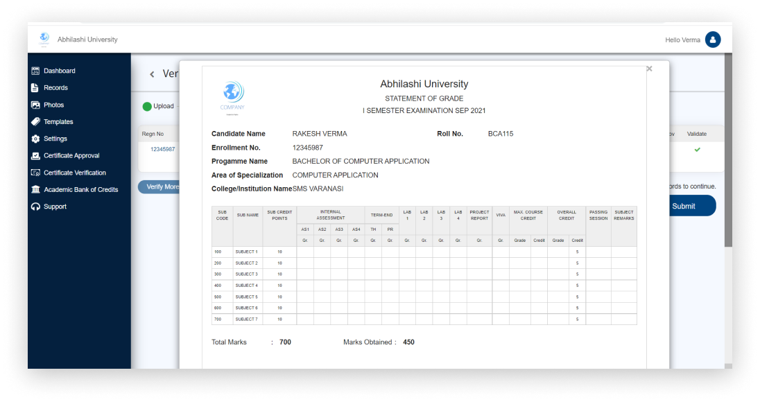 Student data on ABC application